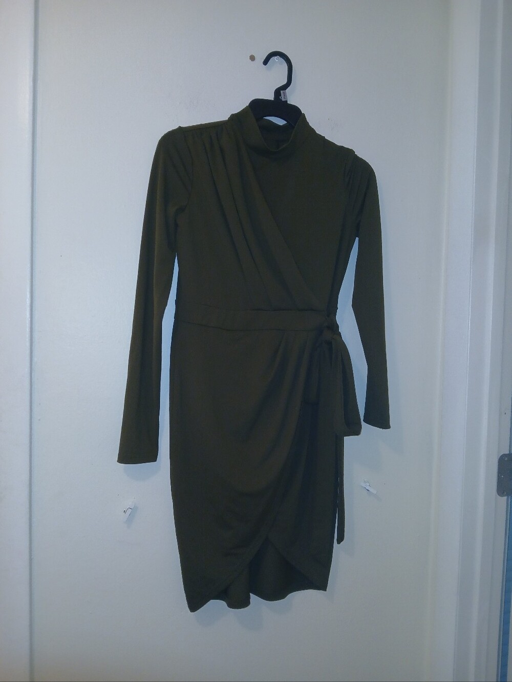 Long-Sleeve Olive Green Wrap Dress with Tie Waist Zahraa